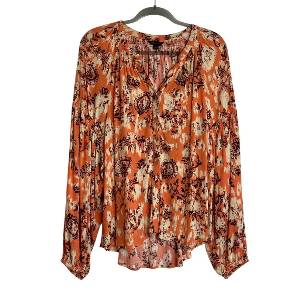 Frye Button Up Floral Peasant Blouse Size M Orange Boho Country Western Flowy